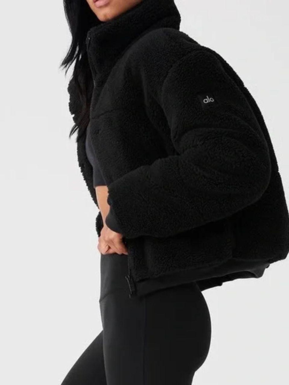 ALO Yoga Black Sherpa Teddy Jacket - Cropped Zip Front Coat